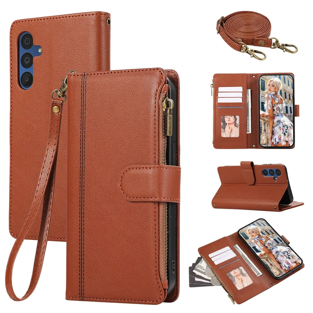 For Samsung Galaxy S24 FE Case Multi Card Slots Zipper Leather Phone Cover with Shoulder Strap / Wrist Strap - Brown - 1
