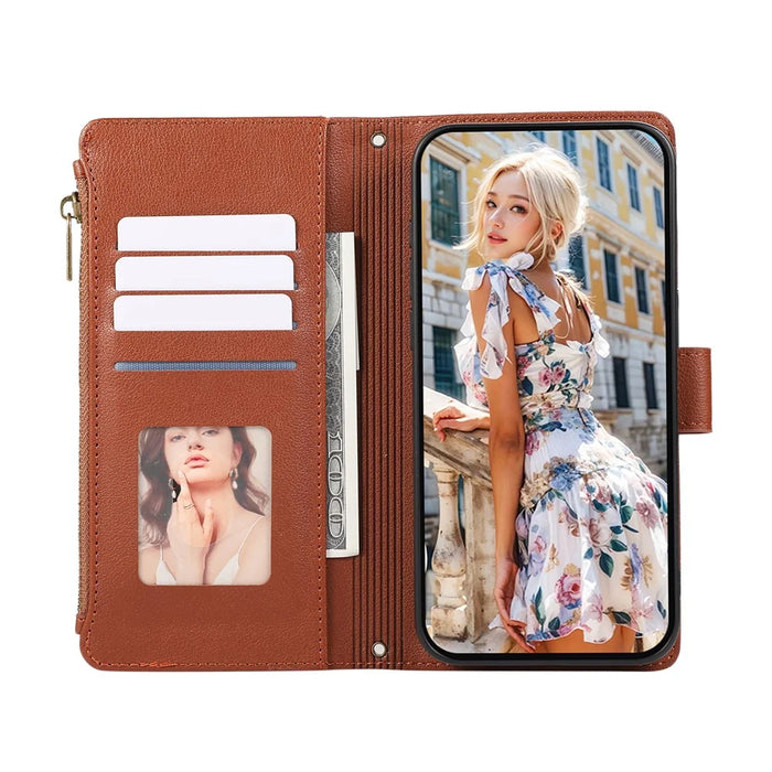For Samsung Galaxy S24 FE Case Multi Card Slots Zipper Leather Phone Cover with Shoulder Strap / Wrist Strap - Brown - 2