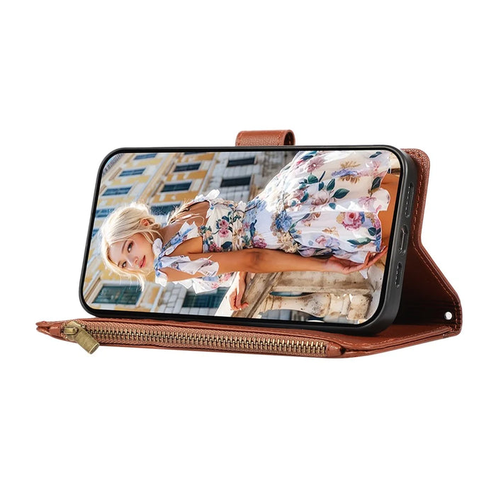 For Samsung Galaxy S24 FE Case Multi Card Slots Zipper Leather Phone Cover with Shoulder Strap / Wrist Strap - Brown - 3