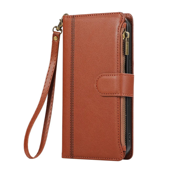 For Samsung Galaxy S24 FE Case Multi Card Slots Zipper Leather Phone Cover with Shoulder Strap / Wrist Strap - Brown - 7
