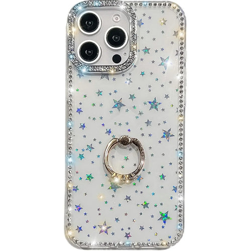 For iPhone 14 Pro Case with Ring Kickstand Rhinestone Edge TPU + PC IMD Phone Cover - Starry Transparent - 1