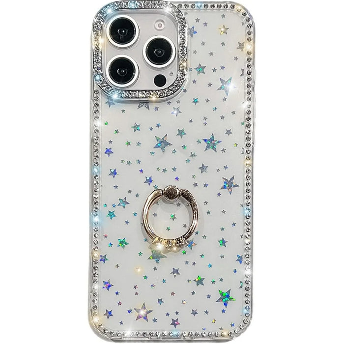 For iPhone 14 Pro Case with Ring Kickstand Rhinestone Edge TPU + PC IMD Phone Cover - Starry Transparent - 1