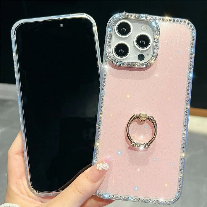 For iPhone 14 Pro Case with Ring Kickstand Rhinestone Edge TPU + PC IMD Phone Cover - Starry Transparent - 5