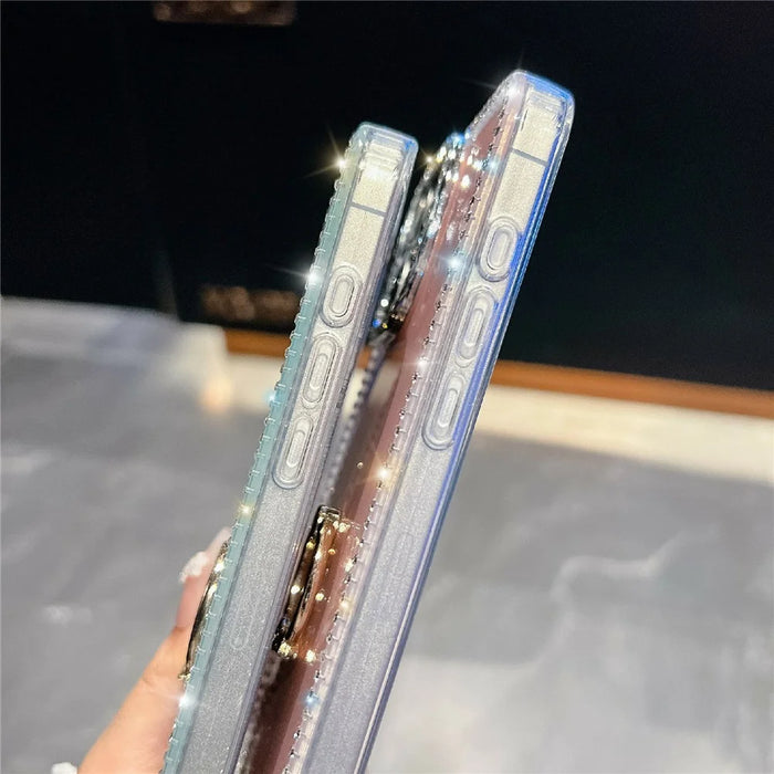 For iPhone 14 Pro Case with Ring Kickstand Rhinestone Edge TPU + PC IMD Phone Cover - Starry Transparent - 7