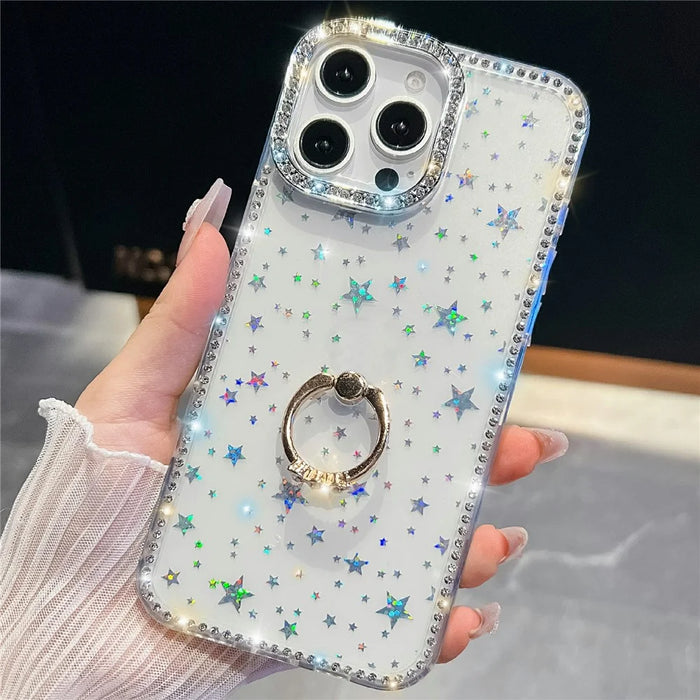 For iPhone 14 Pro Max Case with Ring Kickstand Rhinestone Edge TPU + PC IMD Phone Cover - Starry Transparent - 2