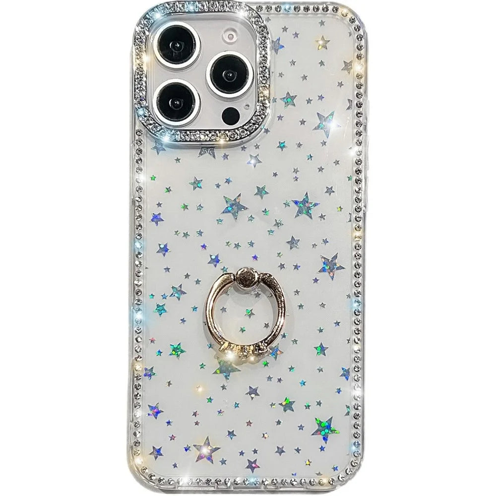 For iPhone 16 Pro Case with Ring Kickstand Rhinestone Edge TPU + PC IMD Phone Cover - Starry Transparent - 1