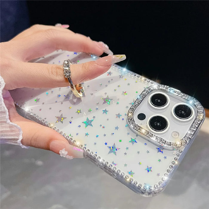 For iPhone 16 Pro Case with Ring Kickstand Rhinestone Edge TPU + PC IMD Phone Cover - Starry Transparent - 4