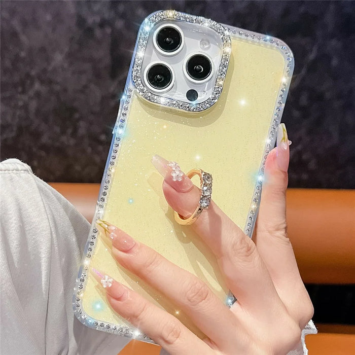 For iPhone 16 Pro Case with Ring Kickstand Rhinestone Edge TPU + PC IMD Phone Cover - Starry Transparent - 6
