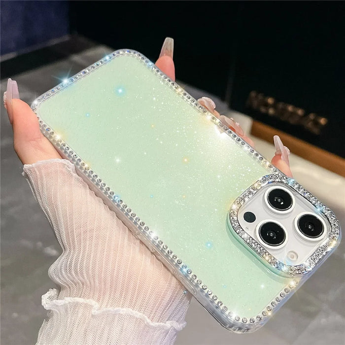 For iPhone 16 Pro Max Case Rhinestone Edge Glitter Back TPU + PC IMD Phone Cover - Glitter Light Green - 2