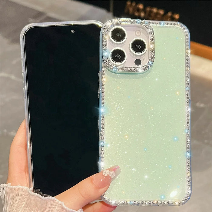 For iPhone 16 Pro Max Case Rhinestone Edge Glitter Back TPU + PC IMD Phone Cover - Glitter Light Green - 3
