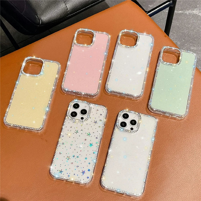For iPhone 16 Pro Max Case Rhinestone Edge Glitter Back TPU + PC IMD Phone Cover - Glitter Light Green - 6