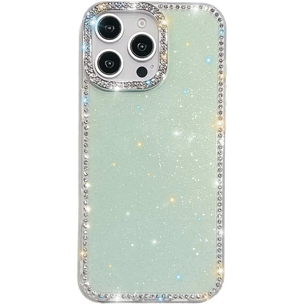 For iPhone 14 Pro Case Rhinestone Edge Glitter Back TPU + PC IMD Phone Cover - Glitter Light Green - 1