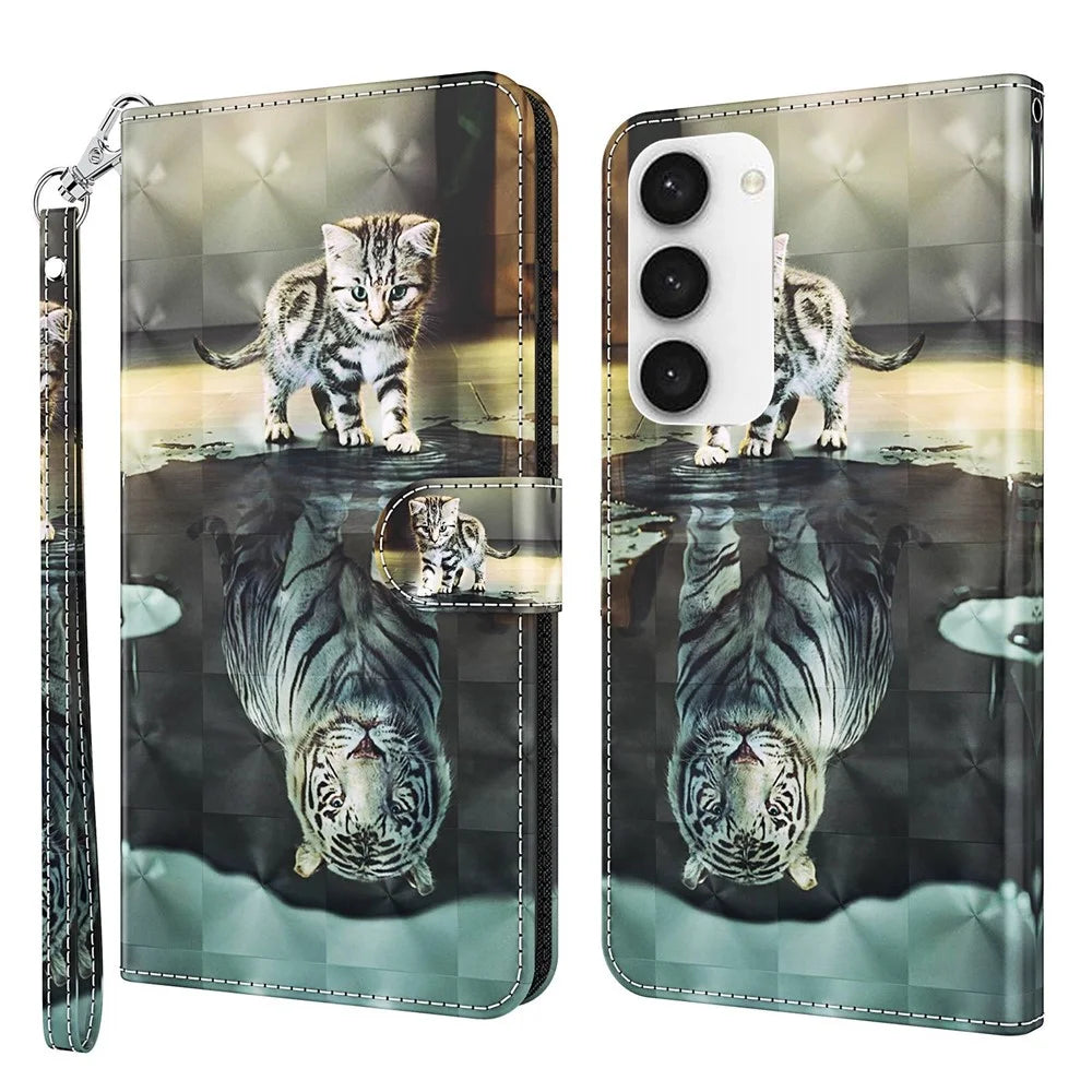 For Samsung Galaxy S23 3D Pattern Printed PU Leather Case Shockproof Phone Foldable Stand Wallet Cover with Strap - Cat and Tiger - 1