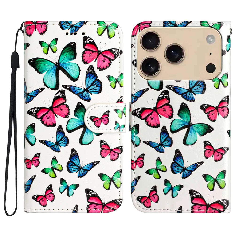For iPhone 18 Pro Max / 17 Pro Max Wallet Case Printed Pattern Design Leather Phone Cover - Butterflies - 1