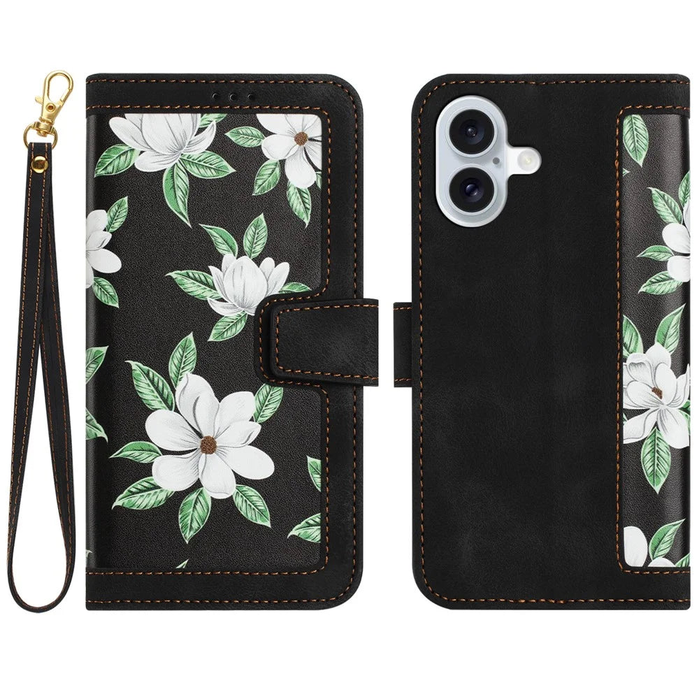 For iPhone 17 Case PU Leather Floral Phone Cover with Card Slots / Wrist Strap - Black - 1