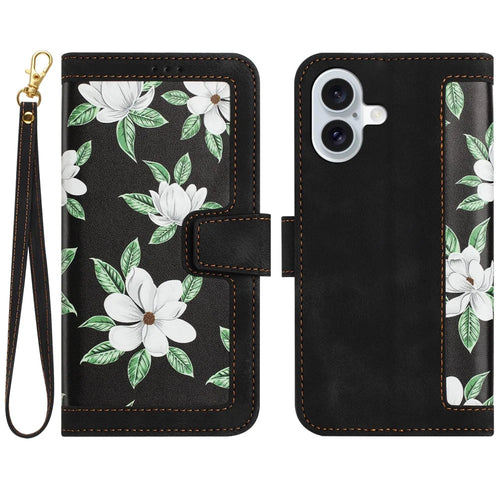 For iPhone 17 Case PU Leather Floral Phone Cover with Card Slots / Wrist Strap - Black - 1