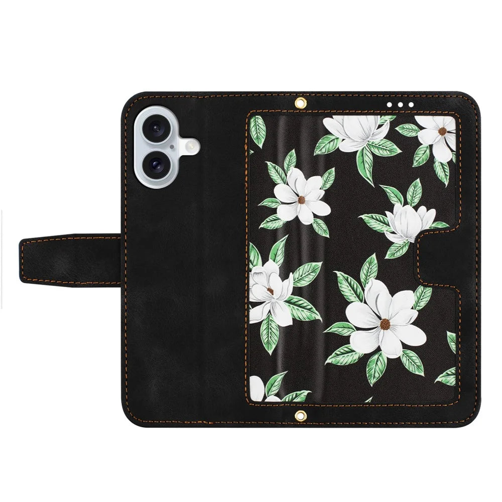 For iPhone 17 Case PU Leather Floral Phone Cover with Card Slots / Wrist Strap - Black - 2