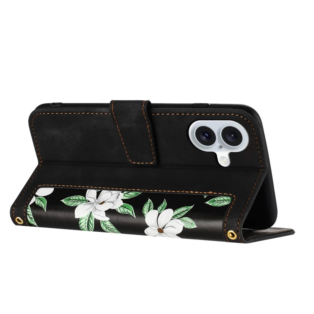 For iPhone 17 Case PU Leather Floral Phone Cover with Card Slots / Wrist Strap - Black - 3
