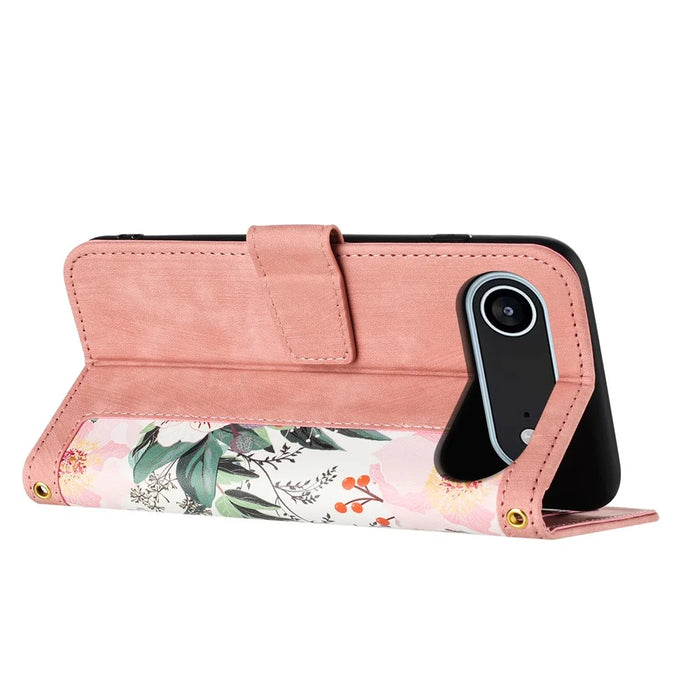 For iPhone Air Case PU Leather Floral Phone Cover with Card Slots / Wrist Strap - Pink - 3