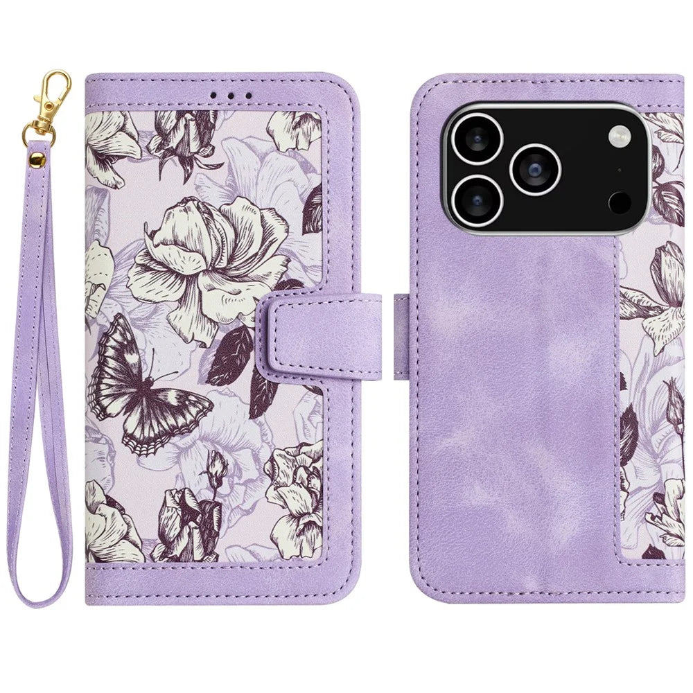 For iPhone 17 Pro Case PU Leather Floral Phone Cover with Card Slots / Wrist Strap - Light Purple - 1