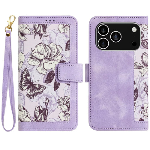 For iPhone 17 Pro Case PU Leather Floral Phone Cover with Card Slots / Wrist Strap - Light Purple - 1