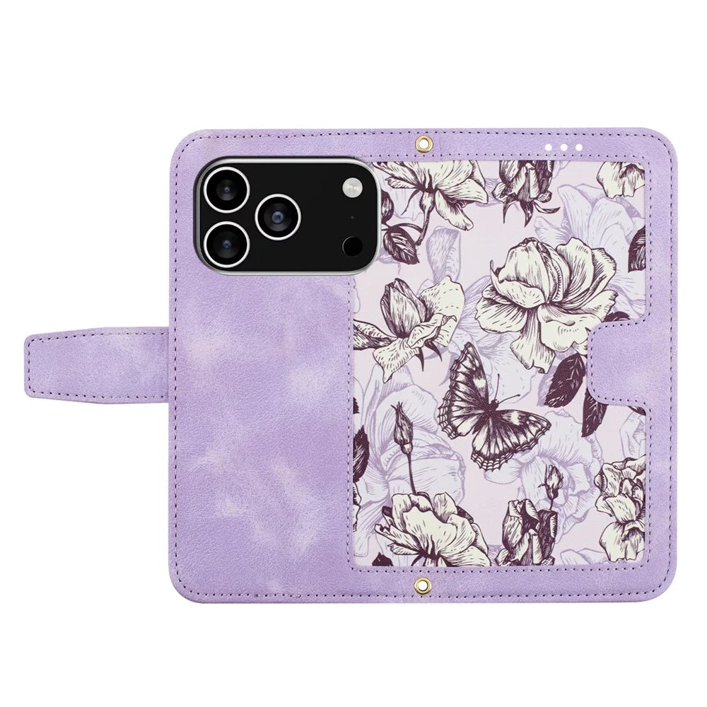 For iPhone 17 Pro Case PU Leather Floral Phone Cover with Card Slots / Wrist Strap - Light Purple - 2