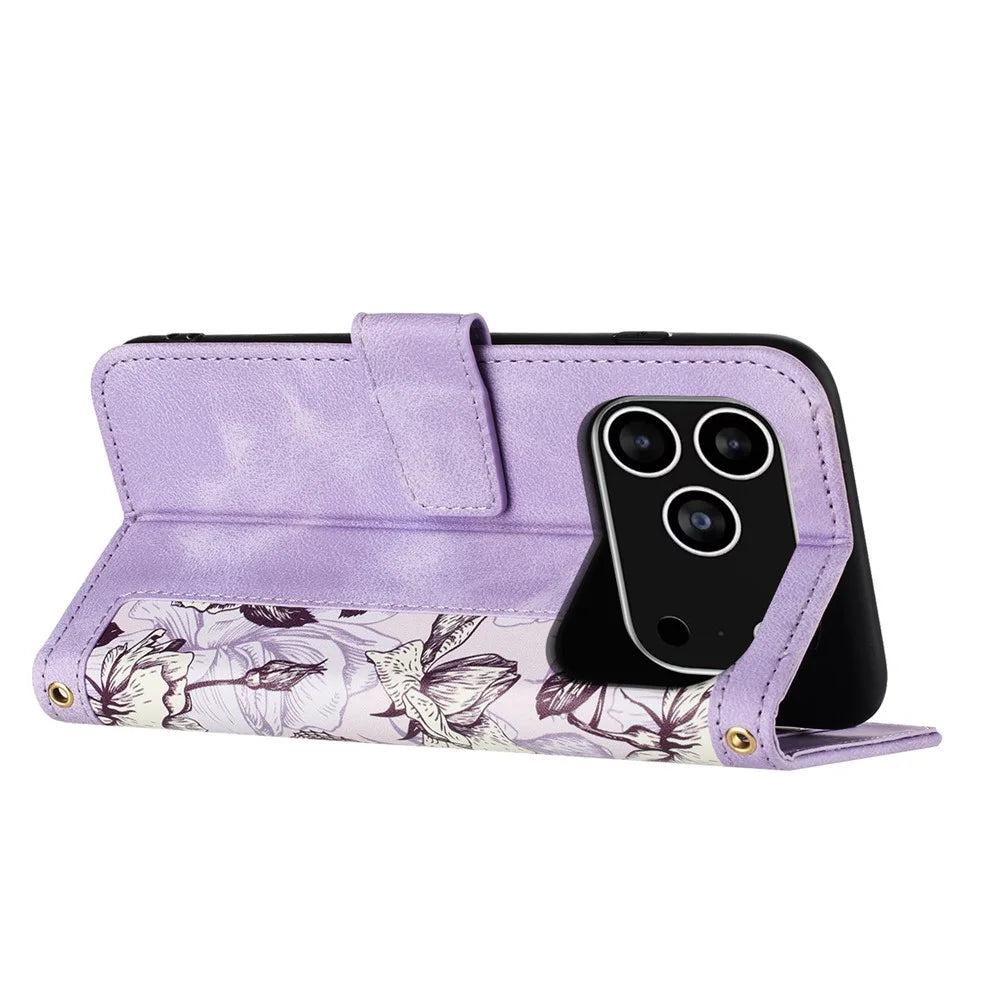 For iPhone 17 Pro Case PU Leather Floral Phone Cover with Card Slots / Wrist Strap - Light Purple - 3