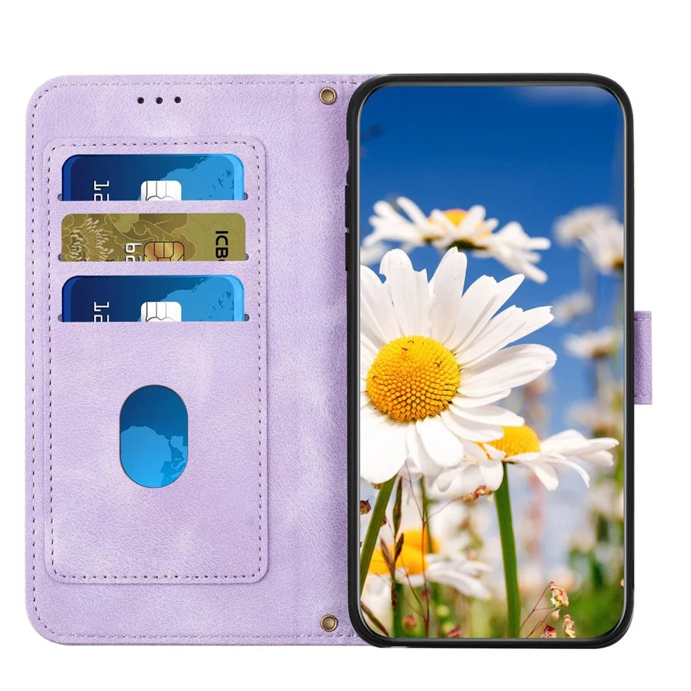 For iPhone 17 Pro Case PU Leather Floral Phone Cover with Card Slots / Wrist Strap - Light Purple - 5