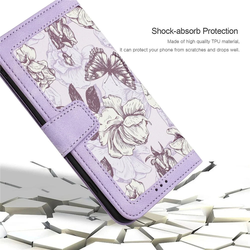 For iPhone 17 Pro Case PU Leather Floral Phone Cover with Card Slots / Wrist Strap - Light Purple - 7