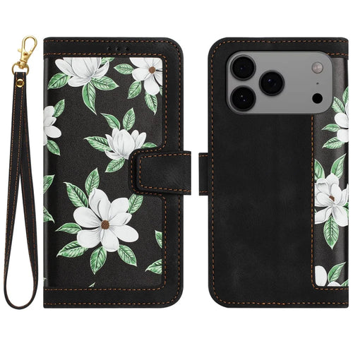 For iPhone 17 Pro Max Case PU Leather Floral Phone Cover with Card Slots / Wrist Strap - Black - 1