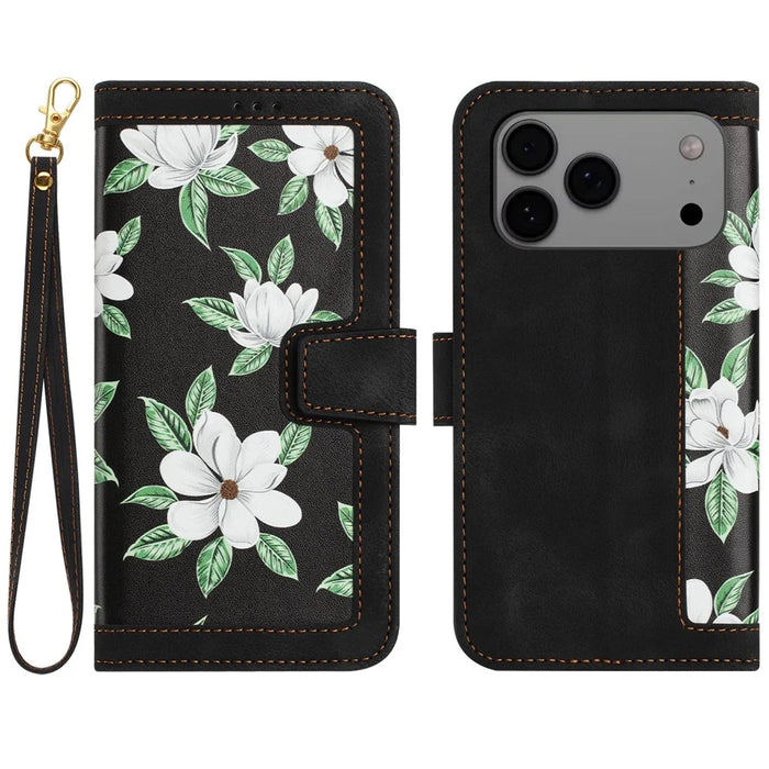 For iPhone 17 Pro Max Case PU Leather Floral Phone Cover with Card Slots / Wrist Strap - Black - 1
