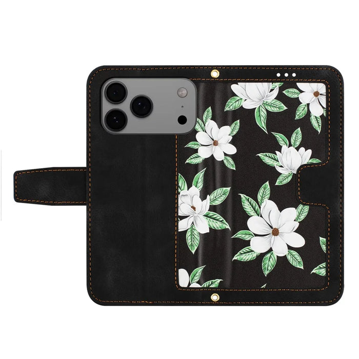 For iPhone 17 Pro Max Case PU Leather Floral Phone Cover with Card Slots / Wrist Strap - Black - 2