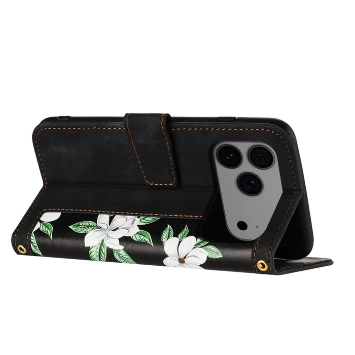 For iPhone 17 Pro Max Case PU Leather Floral Phone Cover with Card Slots / Wrist Strap - Black - 3