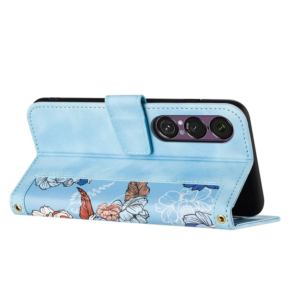 For Sony Xperia 1 VII Case PU Leather Floral Phone Cover with Card Slots / Wrist Strap - Baby Blue - 3