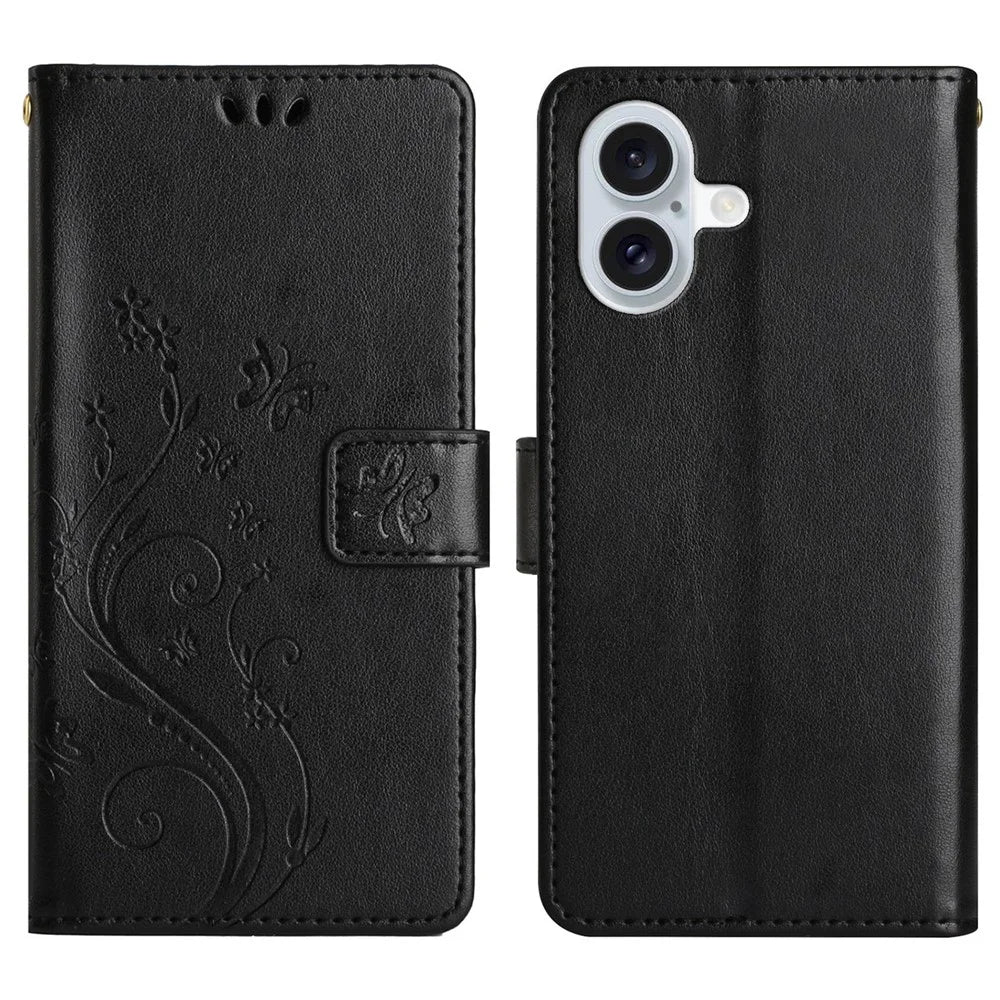 For iPhone 17 Leather Wallet Case Butterfly Flower Imprinted Phone Cover with Strap - Black - 1