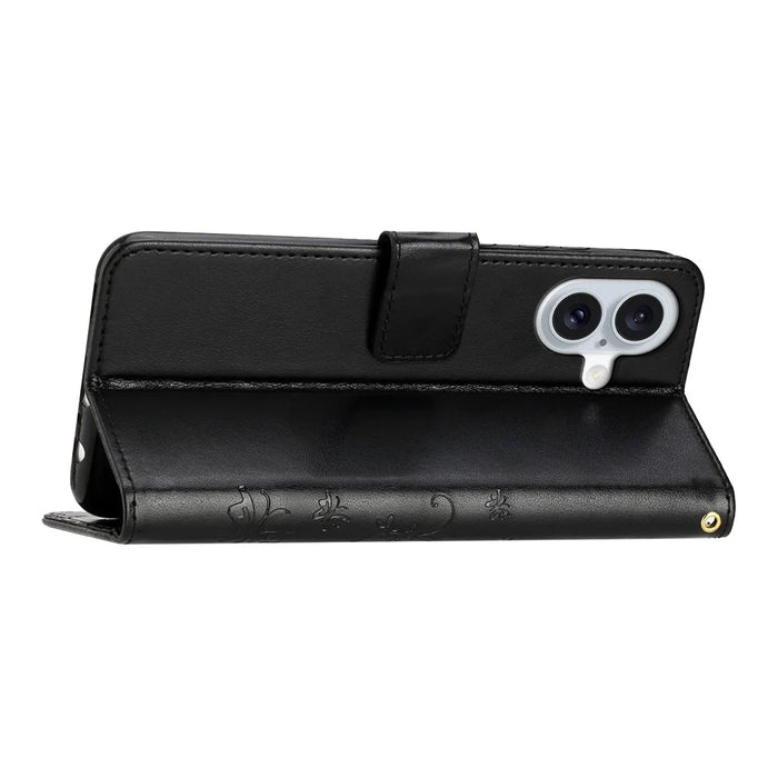 For iPhone 17 Leather Wallet Case Butterfly Flower Imprinted Phone Cover with Strap - Black - 4