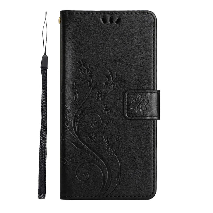 For iPhone 17 Leather Wallet Case Butterfly Flower Imprinted Phone Cover with Strap - Black - 6