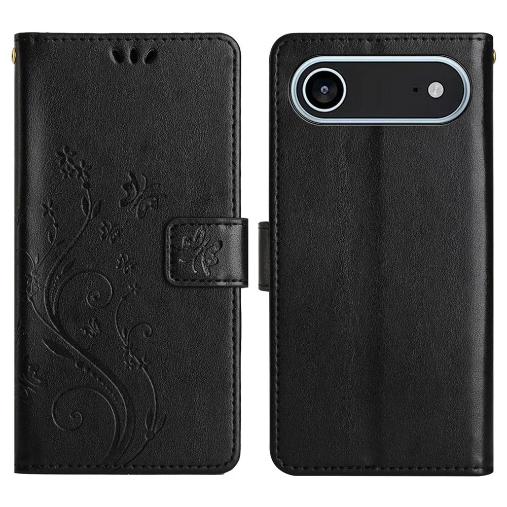 For iPhone Air Leather Wallet Case Butterfly Flower Imprinted Phone Cover with Strap - Black - 1