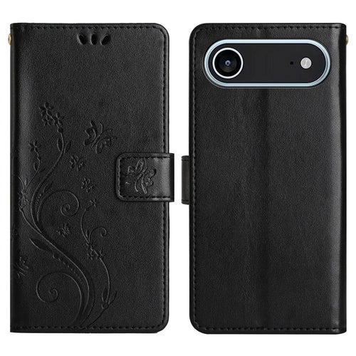 For iPhone Air Leather Wallet Case Butterfly Flower Imprinted Phone Cover with Strap - Black - 1