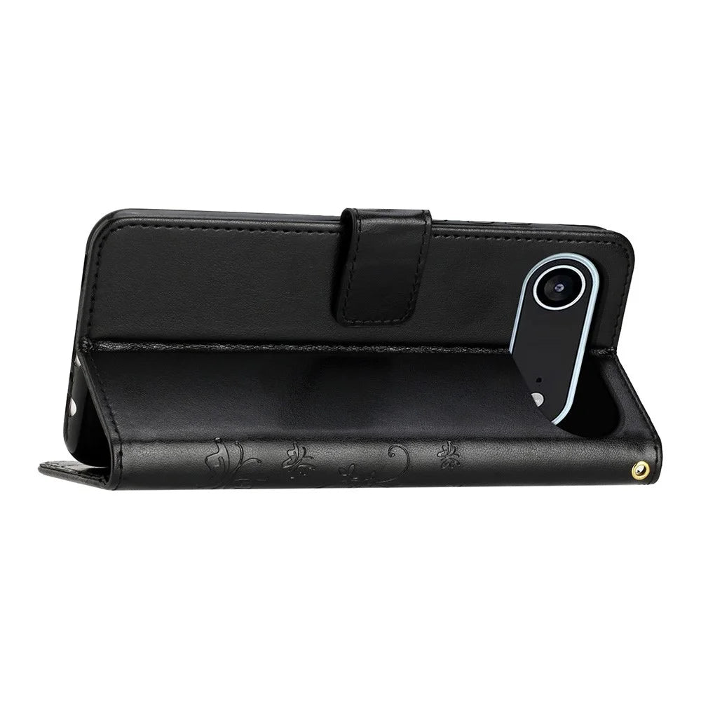 For iPhone Air Leather Wallet Case Butterfly Flower Imprinted Phone Cover with Strap - Black - 4