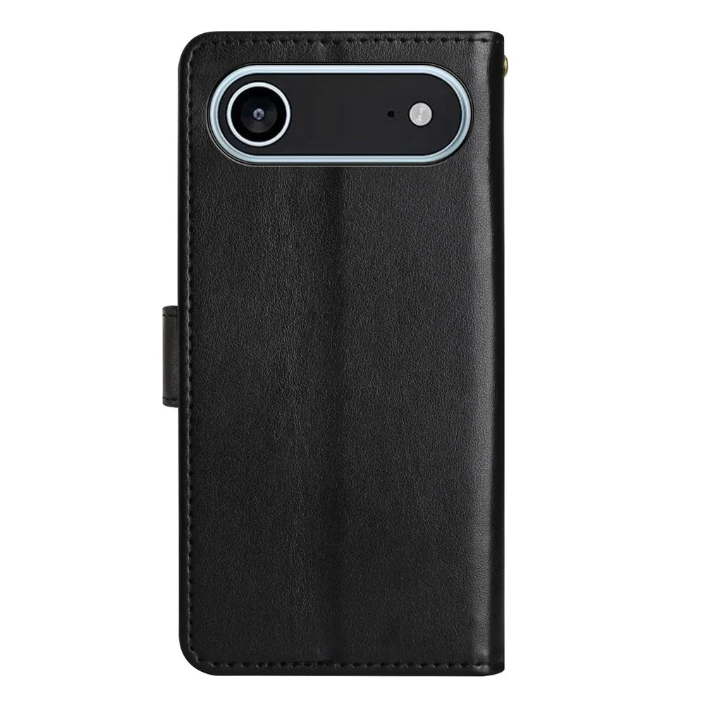 For iPhone Air Leather Wallet Case Butterfly Flower Imprinted Phone Cover with Strap - Black - 7