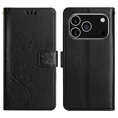 For iPhone 17 Pro Leather Wallet Case Butterfly Flower Imprinted Phone Cover with Strap - Black - 1