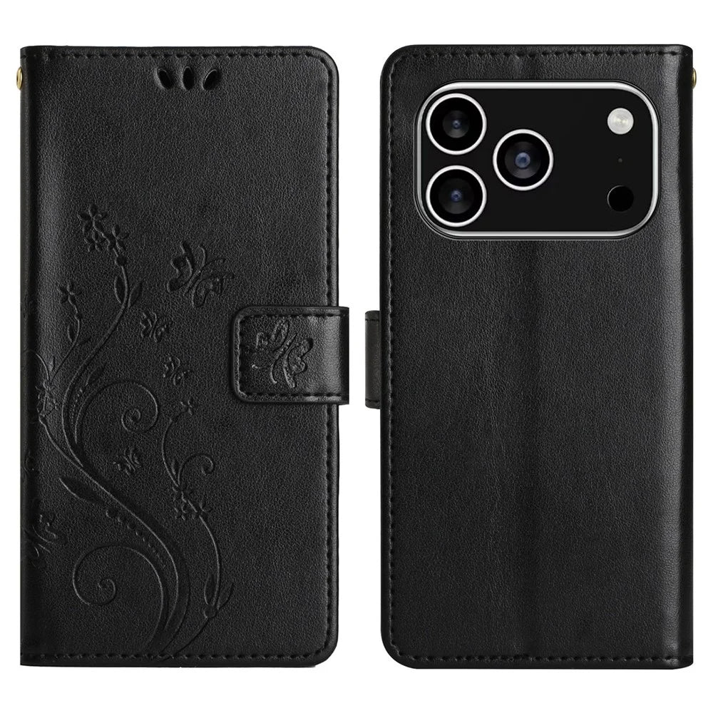 For iPhone 17 Pro Leather Wallet Case Butterfly Flower Imprinted Phone Cover with Strap - Black - 1