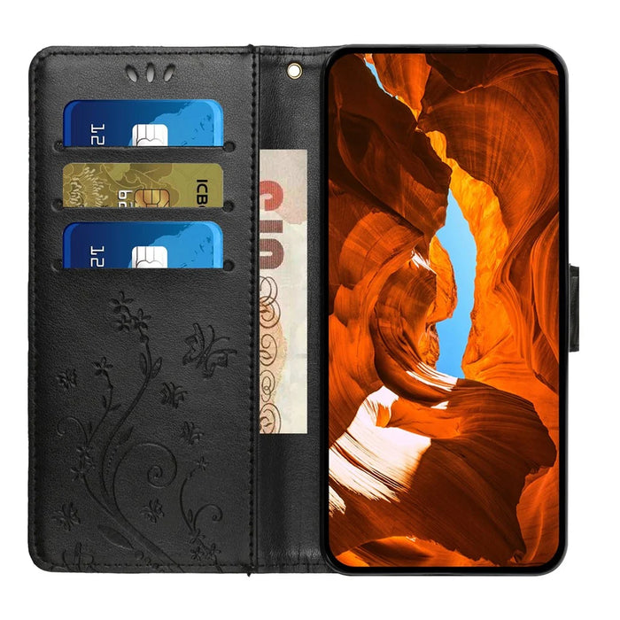 For iPhone 17 Pro Leather Wallet Case Butterfly Flower Imprinted Phone Cover with Strap - Black - 2