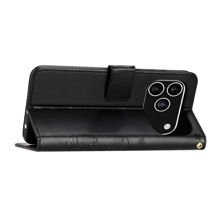For iPhone 17 Pro Leather Wallet Case Butterfly Flower Imprinted Phone Cover with Strap - Black - 3
