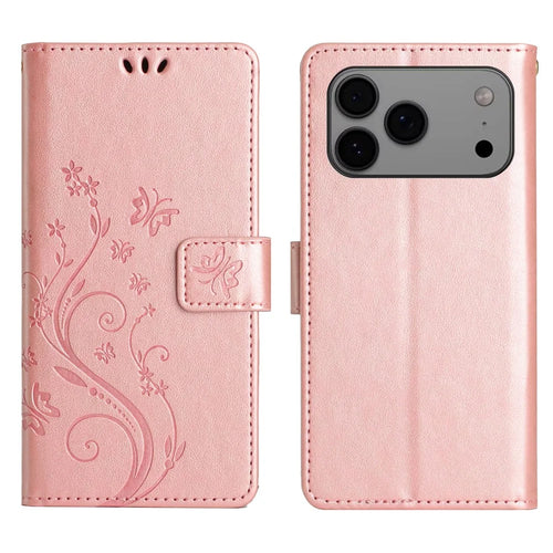 For iPhone 17 Pro Max Leather Wallet Case Butterfly Flower Imprinted Phone Cover with Strap - Rose Gold - 1