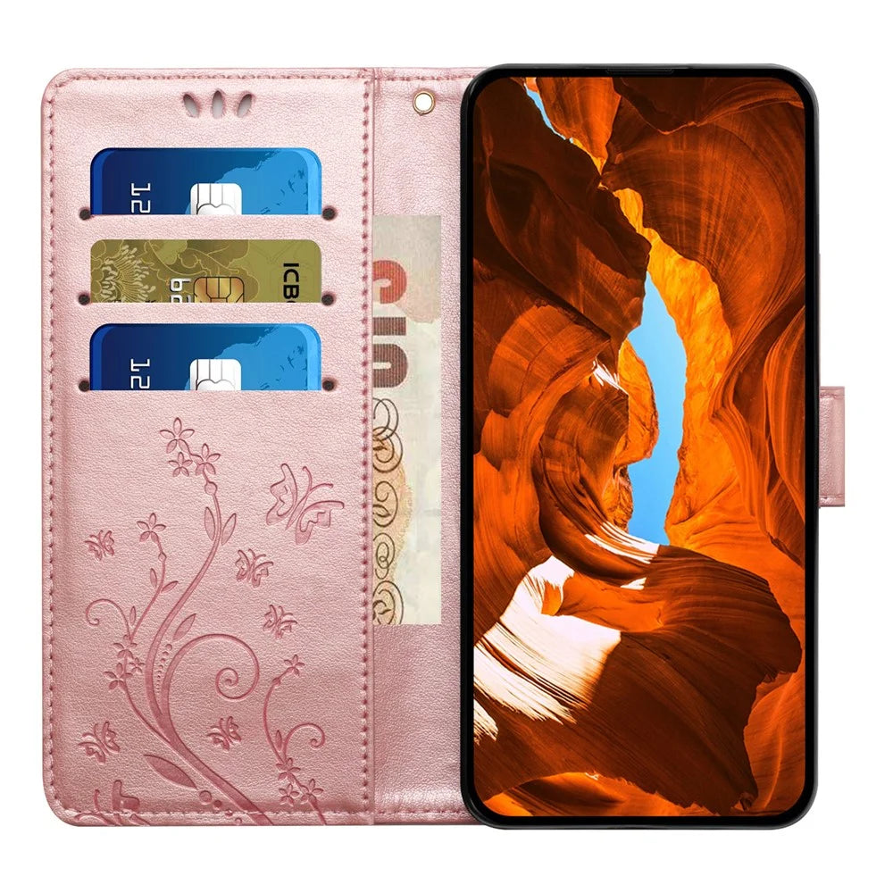 For iPhone 17 Pro Max Leather Wallet Case Butterfly Flower Imprinted Phone Cover with Strap - Rose Gold - 2