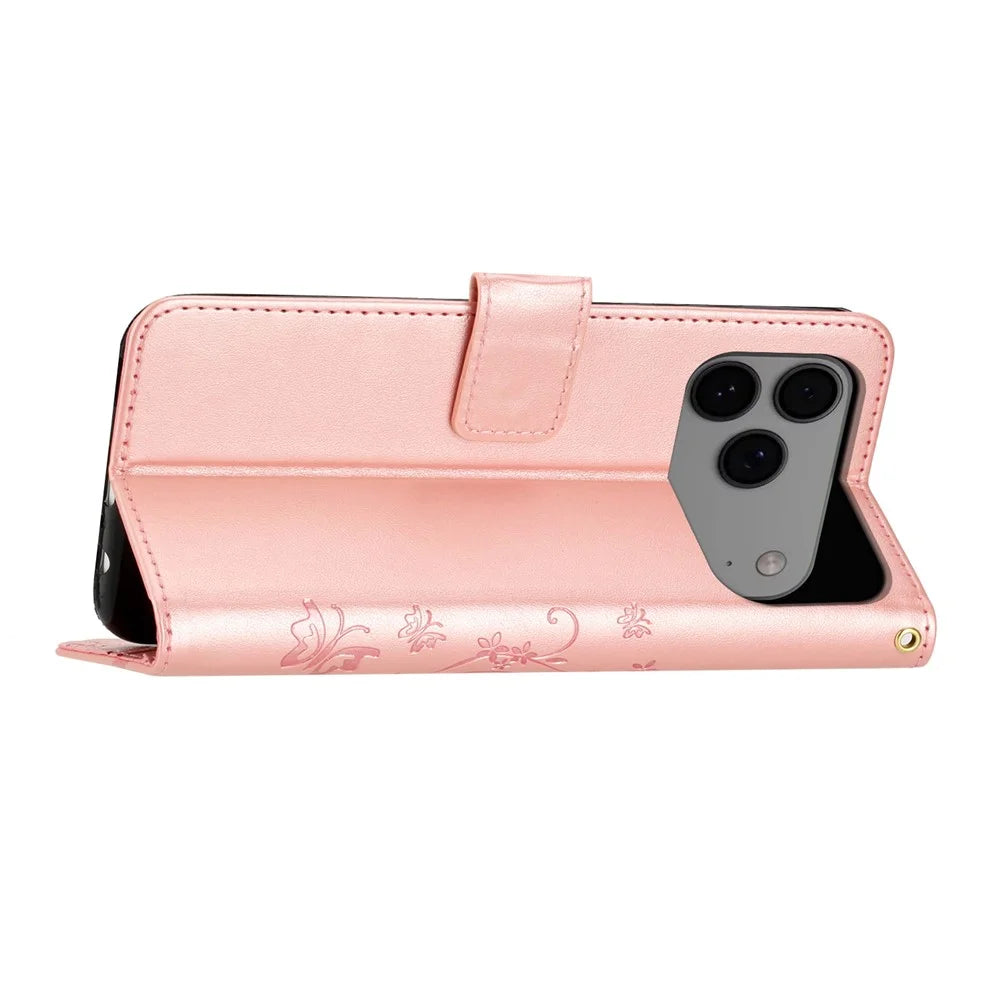 For iPhone 17 Pro Max Leather Wallet Case Butterfly Flower Imprinted Phone Cover with Strap - Rose Gold - 3