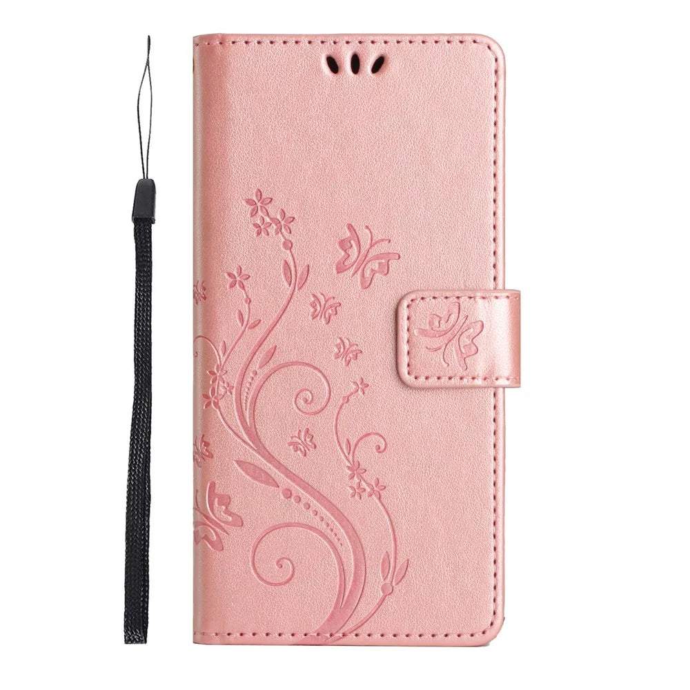 For iPhone 17 Pro Max Leather Wallet Case Butterfly Flower Imprinted Phone Cover with Strap - Rose Gold - 6