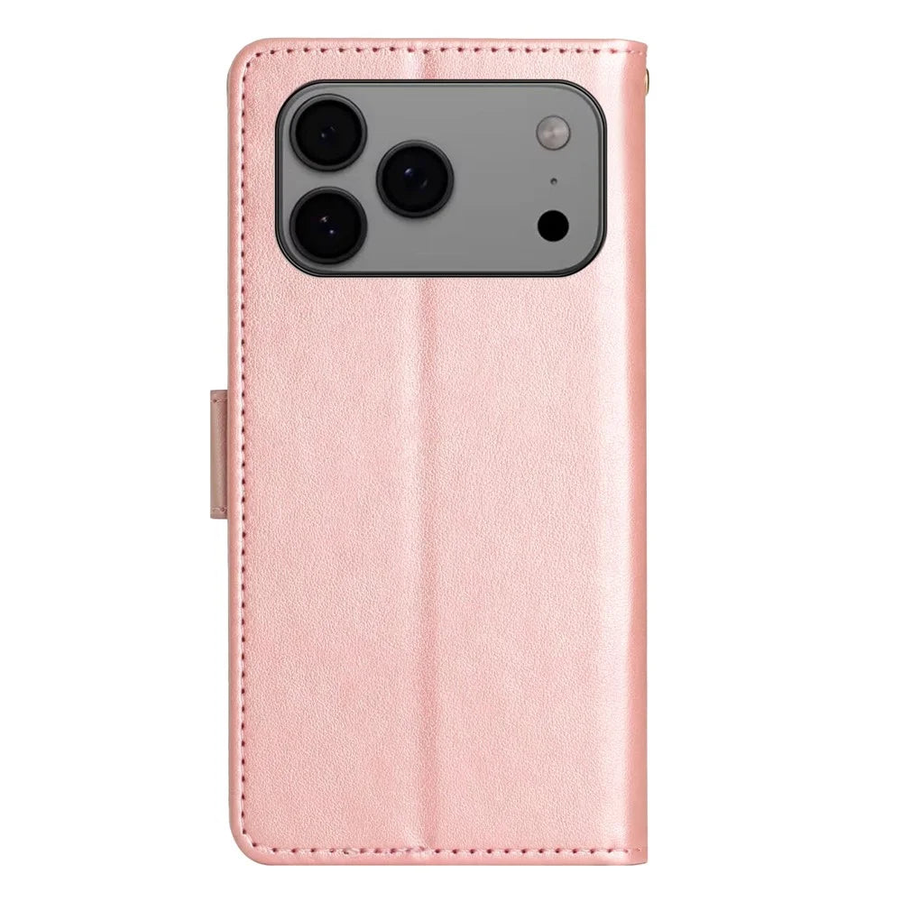 For iPhone 17 Pro Max Leather Wallet Case Butterfly Flower Imprinted Phone Cover with Strap - Rose Gold - 7